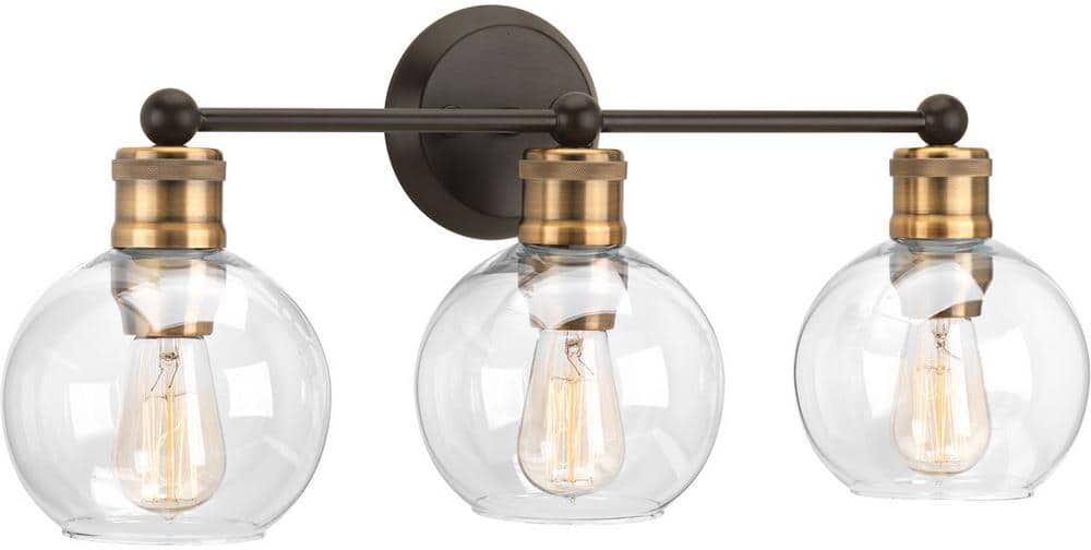 Progress Lighting Hansford Collection 24.5 in. Vintage Electric 3-Light Antique Bronze Coastal Farmhouse Clear Glass Bathroom Vanity Light