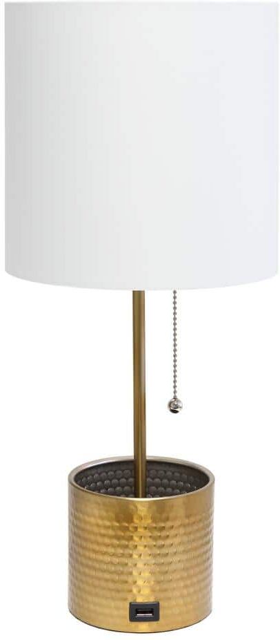 Simple Designs 18.5 in. Gold Hammered Metal Organizer Table Lamp with USB Charging Port and Fabric Shade