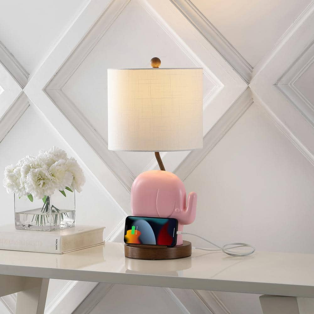 JONATHAN Y Ellie 20.25 in. Bohemian Designer Iron/Resin Elephant LED Kids Table Lamp with Phone Stand and USB Charging Port, Pink