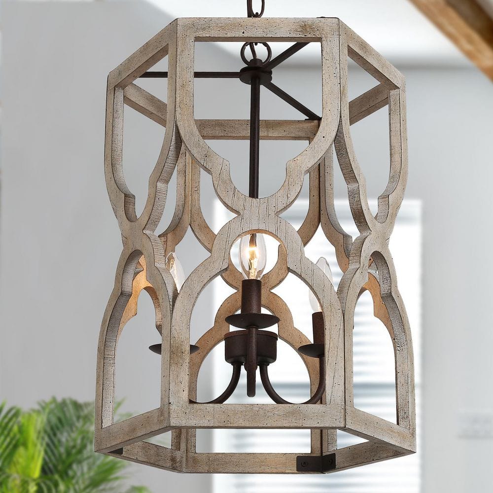 LNC Farmhouse Rusty Bronze Candlestick Island Chandelier with Antique Gray Wood Cylinder Cage, Drum Pendant Lamp for Kitchen