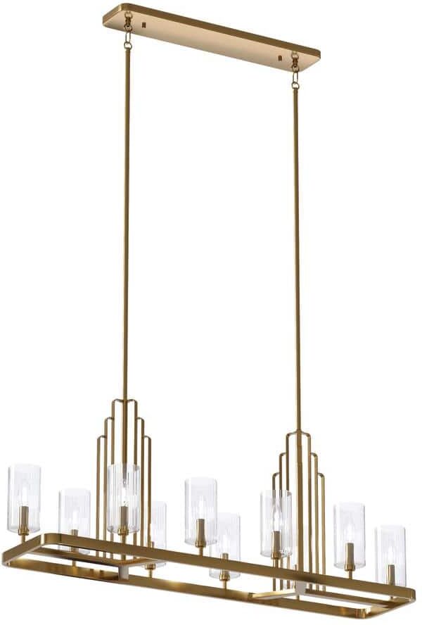 KICHLER Kimrose 44.75 in. 10-Light Brushed Natural Brass Art Deco Candlestick Linear Chandelier for Dining Room