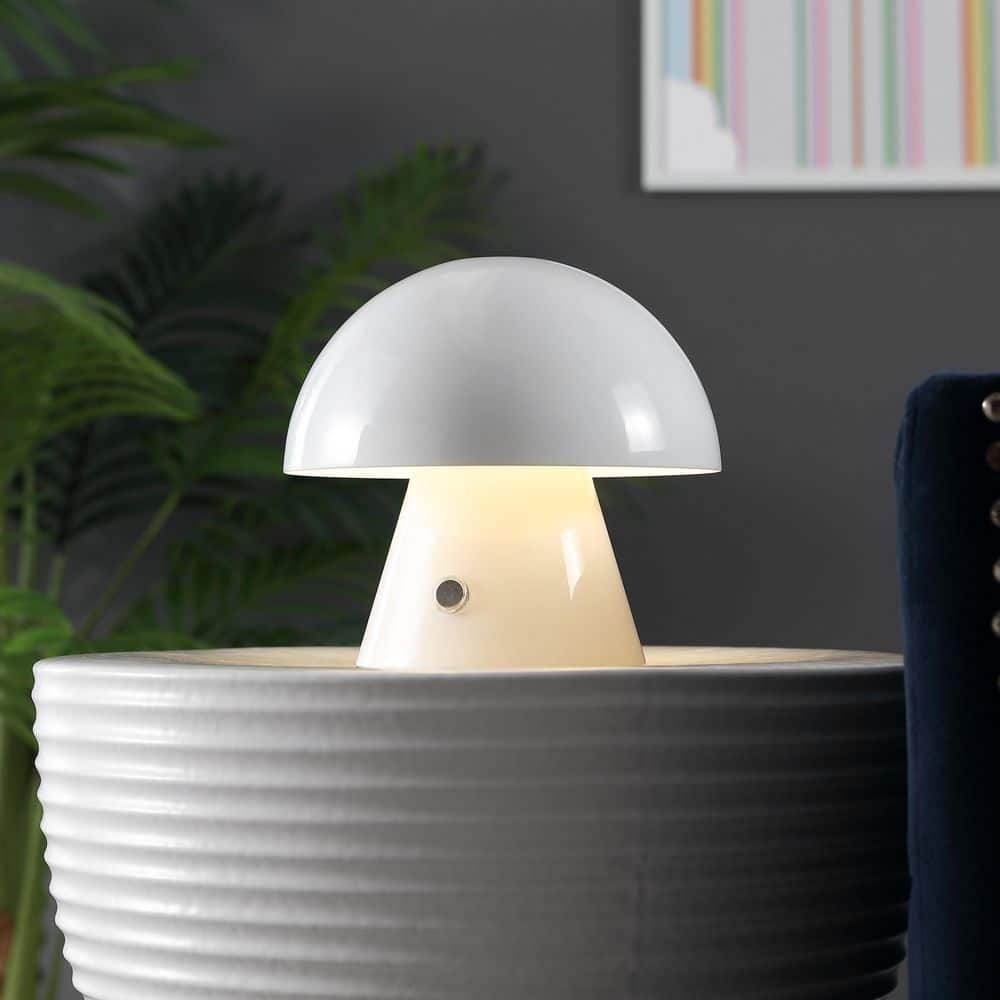 JONATHAN Y Porcini 7 in. Contemporary Bohemian Rechargeable/Cordless Iron Integrated LED Mushroom Table Lamp, White