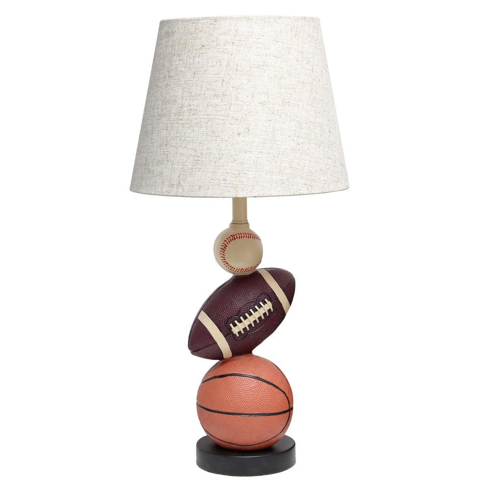 Simple Designs 22 in. Brown Tan Orange Basketball, Baseball, Football Table Desk Lamp with Light Beige Tapered Drum Fabric Shade