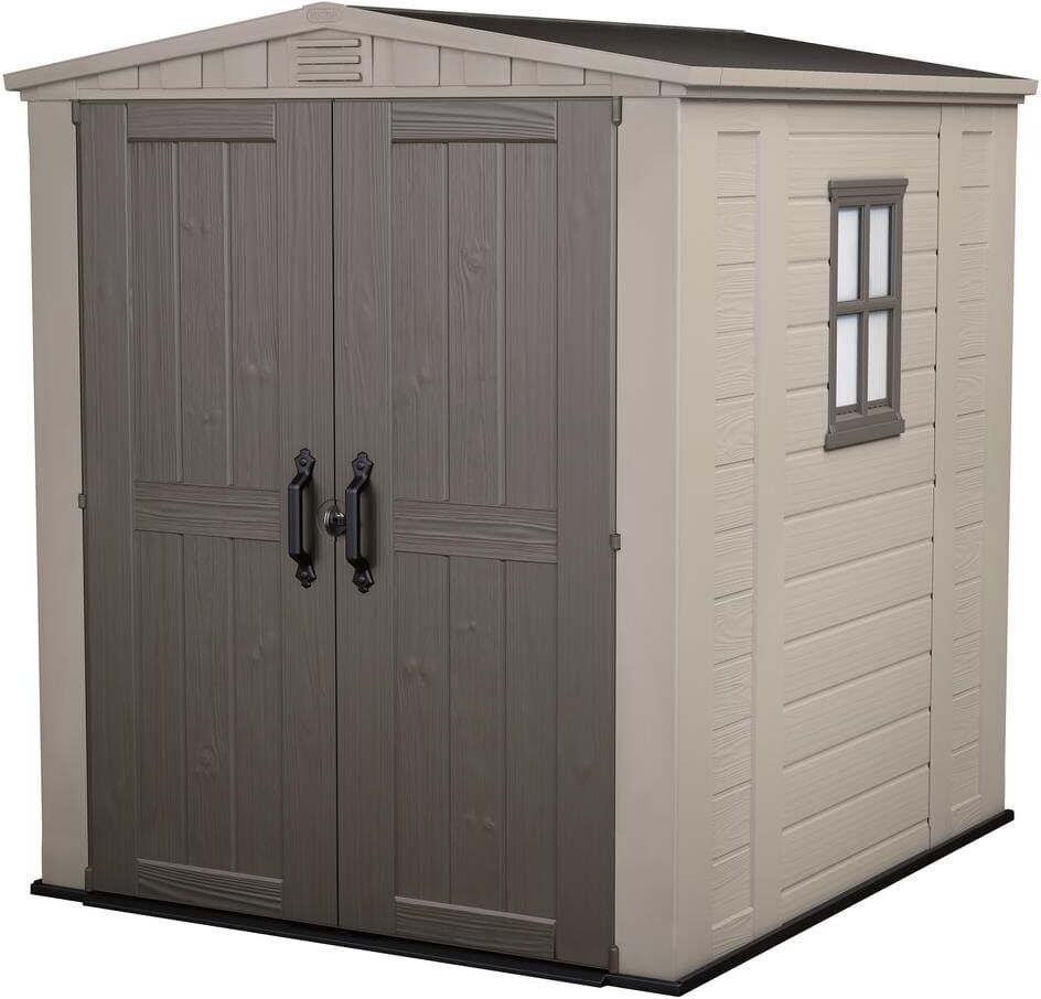 Keter Factor 6 ft. W x 6 ft. D Outdoor Durable Resin Plastic Storage Shed with Double Doors, Taupe Brown (37.43 sq. ft.)