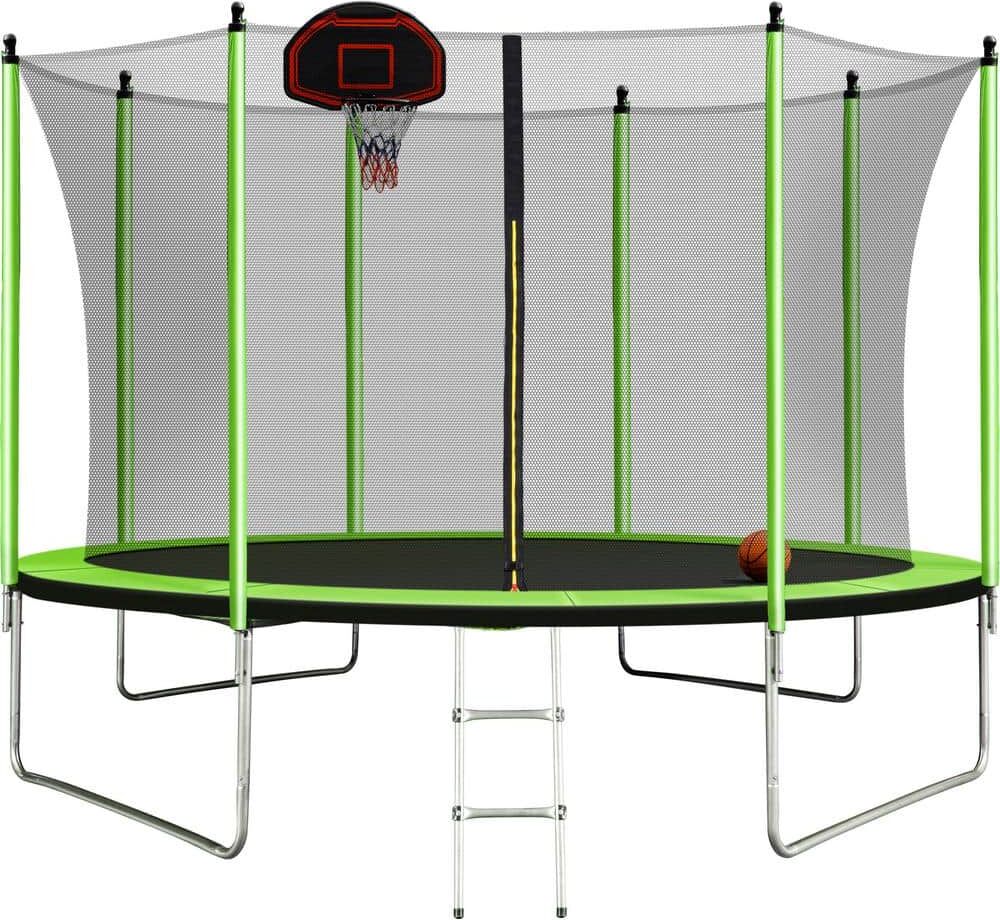 Tatayosi 10 ft. Outdoor Green Trampoline with Basketball Hoop Inflator and Ladder