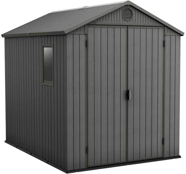 Keter Darwin 6 ft. W x 8 ft. D Outdoor Durable Resin Plastic Storage Shed with Double Doors and Floor, Grey (35.94 sq. ft.)