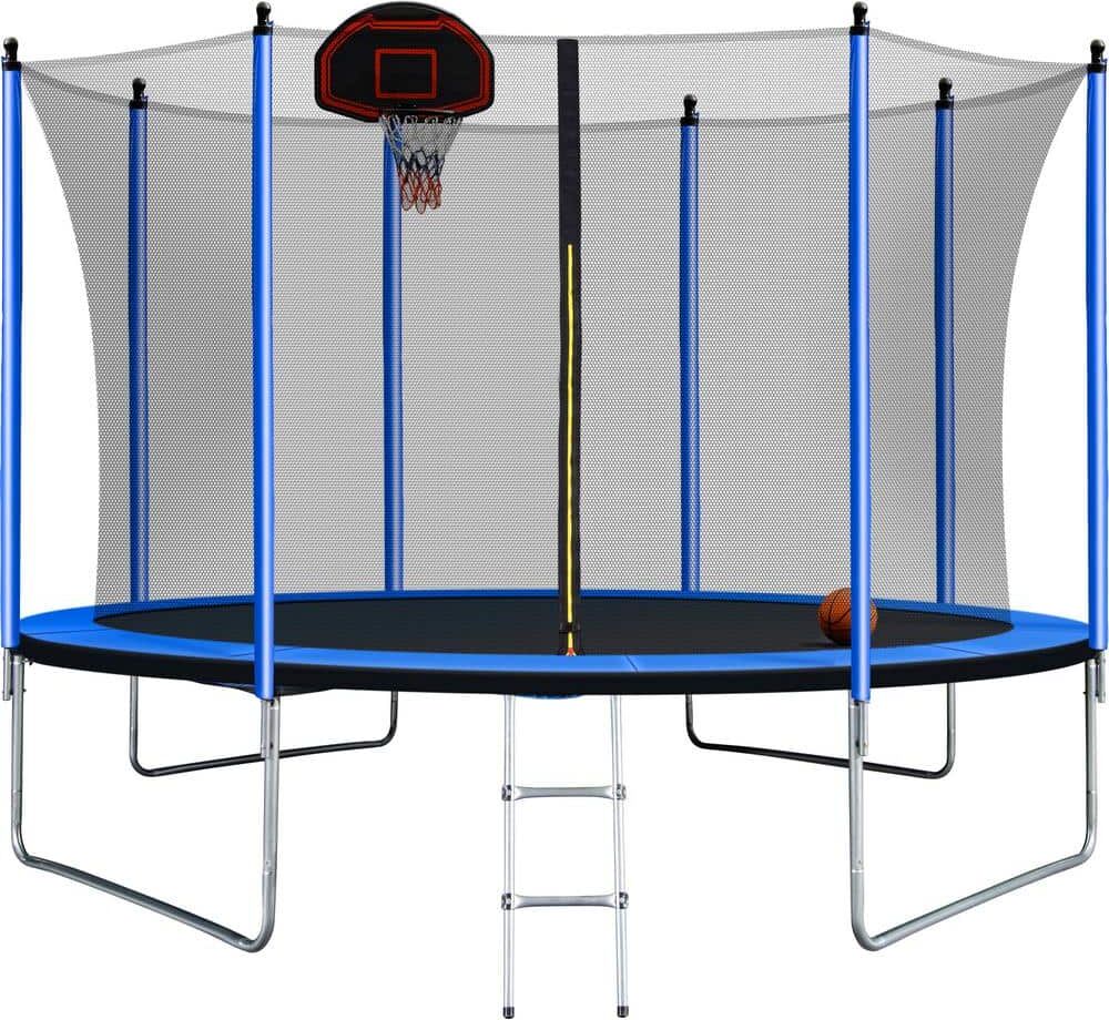 Tatayosi 10 ft. Outdoor Blue Trampoline with Basketball Hoop Inflator and Ladder