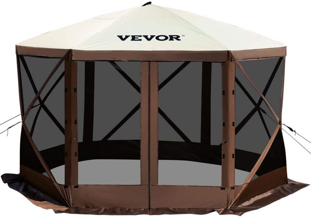 VEVOR Camping Gazebo Tent 10 ft. x 10 ft. 6 Sided Pop-Up Canopy Screen Tent for 8-Person with Storage Bag, Brown and Beige