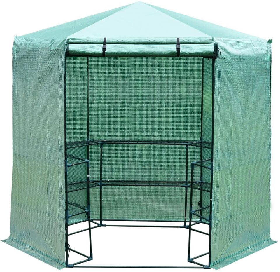 Outsunny 7.5 ft. x 6.5 ft. 3-Tier 10 Shelf Outdoor Portable Walk-In Hexagonal Greenhouse Kit with Zippered Doors and PE Covering