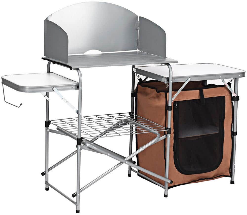 Costway Foldable Camping Table Outdoor BBQ Portable Grilling Stand with Windscreen Bag Chair