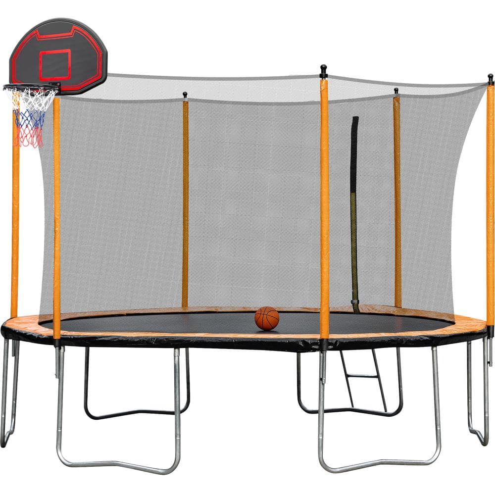 Tatayosi 15 ft. Outdoor Orange Trampoline with Basketball Hoop Inflator and Ladder
