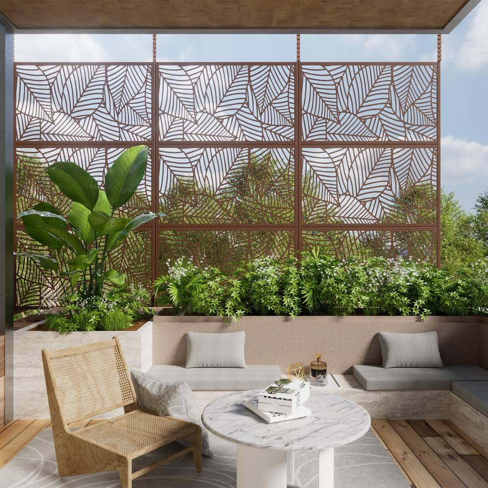 FENCY 72 in. Galvanized Steel Garden Outdoor Fence Privacy Screen Garden Screen Panels Leaf Pattern in Brown