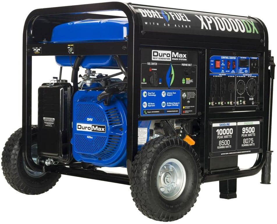 DUROMAX 10,000-Watt/8,500-Watt 439 cc Electric Start Dual Fuel Gas Propane Portable Home Power Back Up Generator with CO Alert