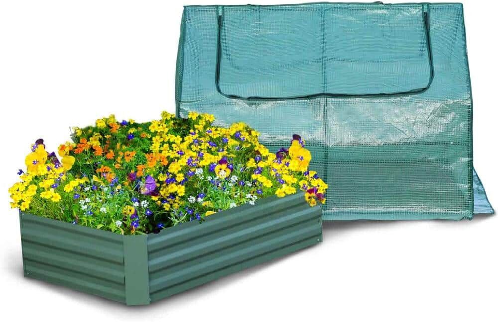 Aoodor 4 ft. x 2 ft. x 1 ft. Raised Garden Bed Metal Planter with Greenhouse