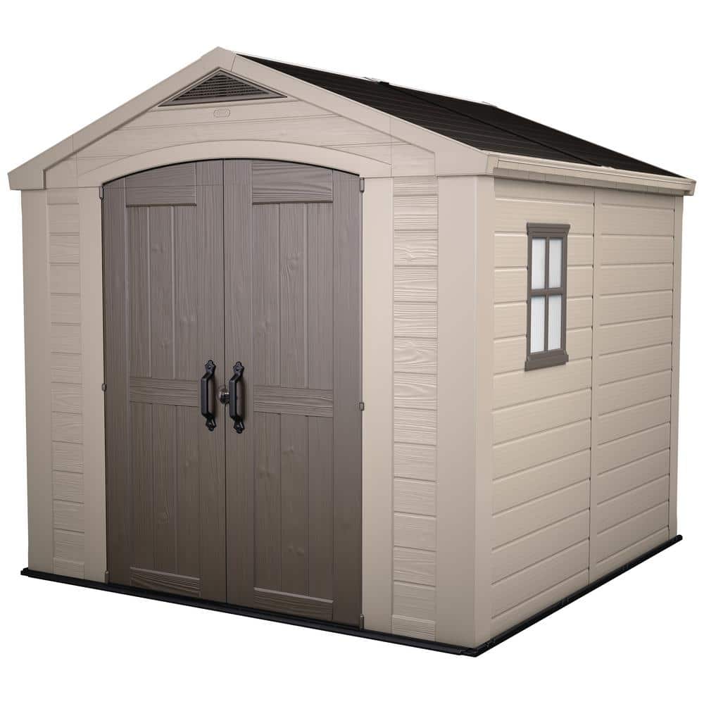 Keter Factor 8 ft. W x 8 ft. D Large Outdoor Durable Resin Plastic Storage Shed with Double Doors, Taupe Brown (70.49 sq. ft.)