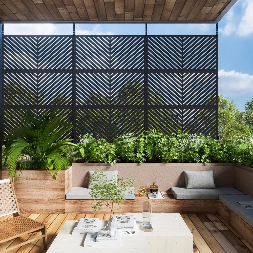 FENCY 72 in. Galvanized Steel Outdoor Garden Fence Privacy Screen Garden Screen Panels Parallel Pattern in Black