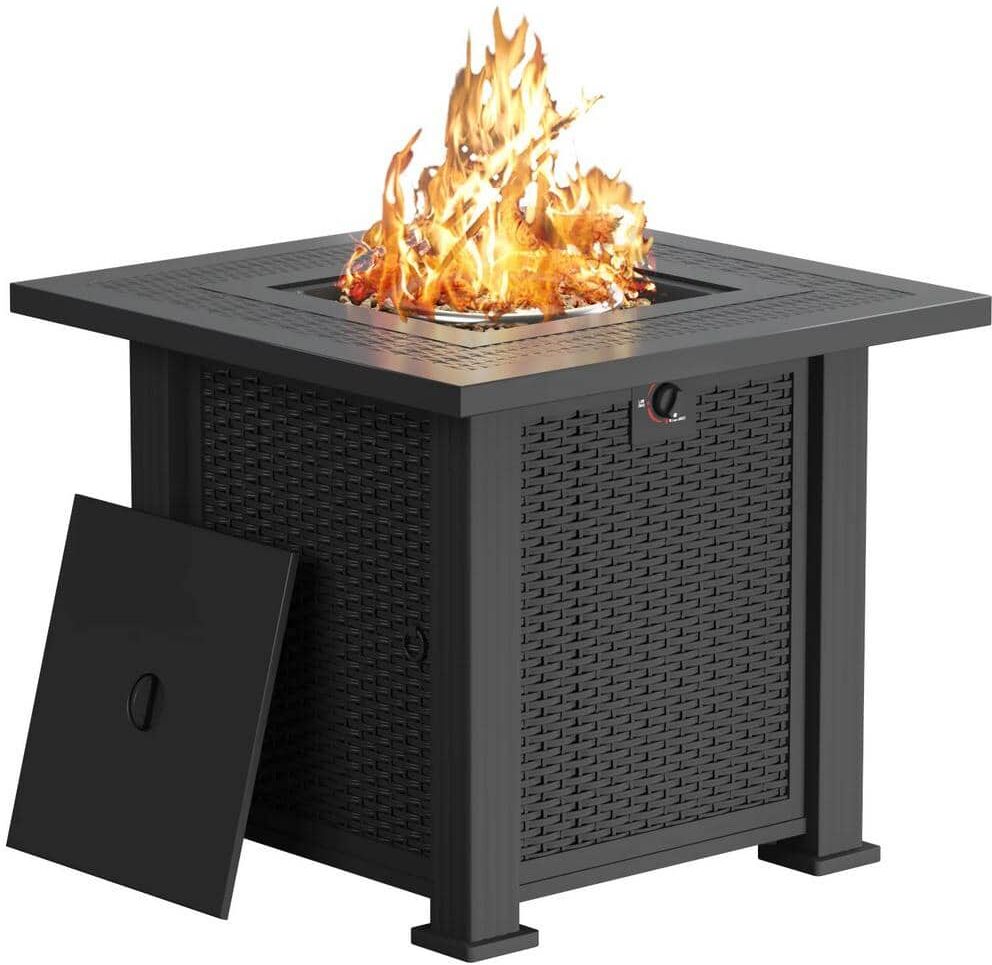 Foredawn Propane Fire Pits 28 in. Outdoor Gas Fire Pit Table, 50,000 BTU Steel with Lid and Lava Rock, Black