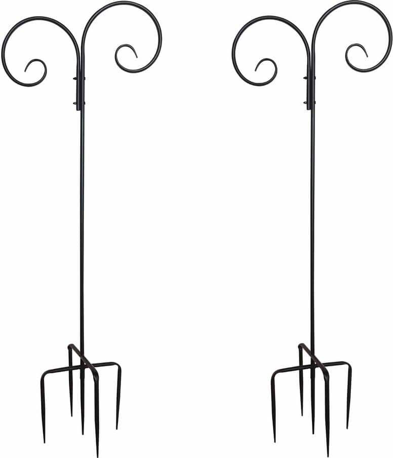 63 in. Black Metal Adjustable Outdoor Double Shepherd Hook (2-Pack)