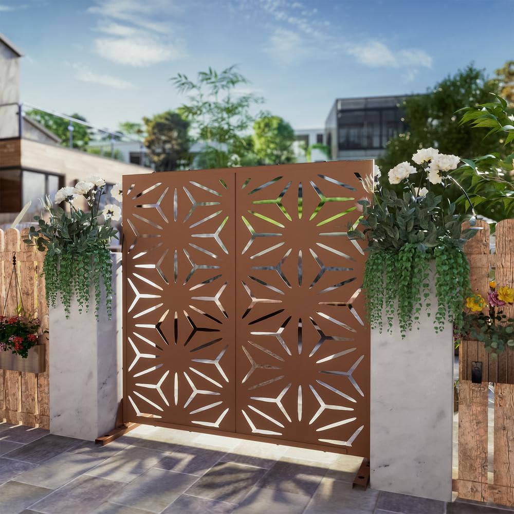 FENCY 76 in. Galvanized Steel Garden Outdoor Fence Privacy Screen Garden Screen Panels Star Pattern in Brown