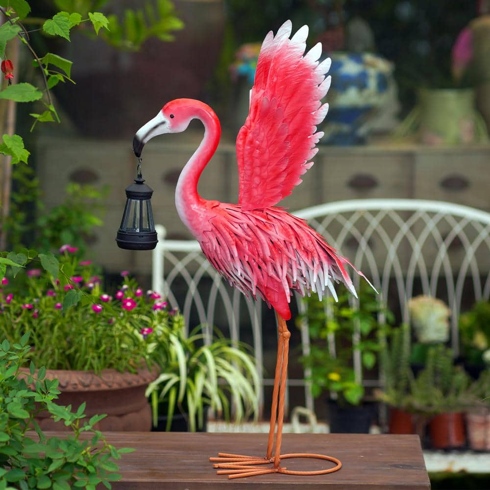 Goodeco Pink Metal Flamingo Garden Outdoor Statues with Solar Lantern -Flamingo Lawn Ornaments for Home, Patio, Backyard Decor