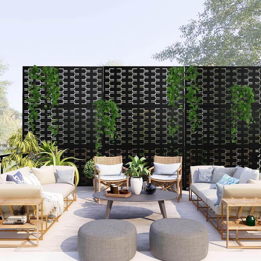 FENCY 72 in. Galvanized Steel Outdoor Garden Fence Privacy Screen Garden Screen Panels Brick Pattern in Black