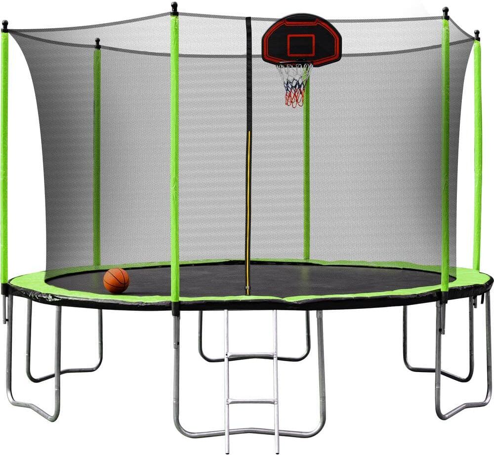 Tatayosi 14 ft. Green Outdoor Trampoline with Basketball Hoop Inflator and Ladder