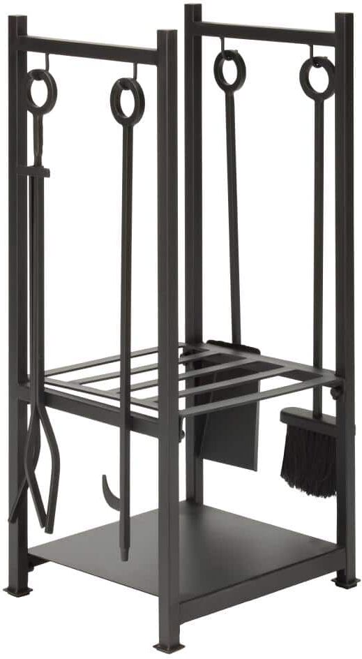 UniFlame Black Wrought Iron 4-Piece Fireplace Tool Set with Integrated Log Rack