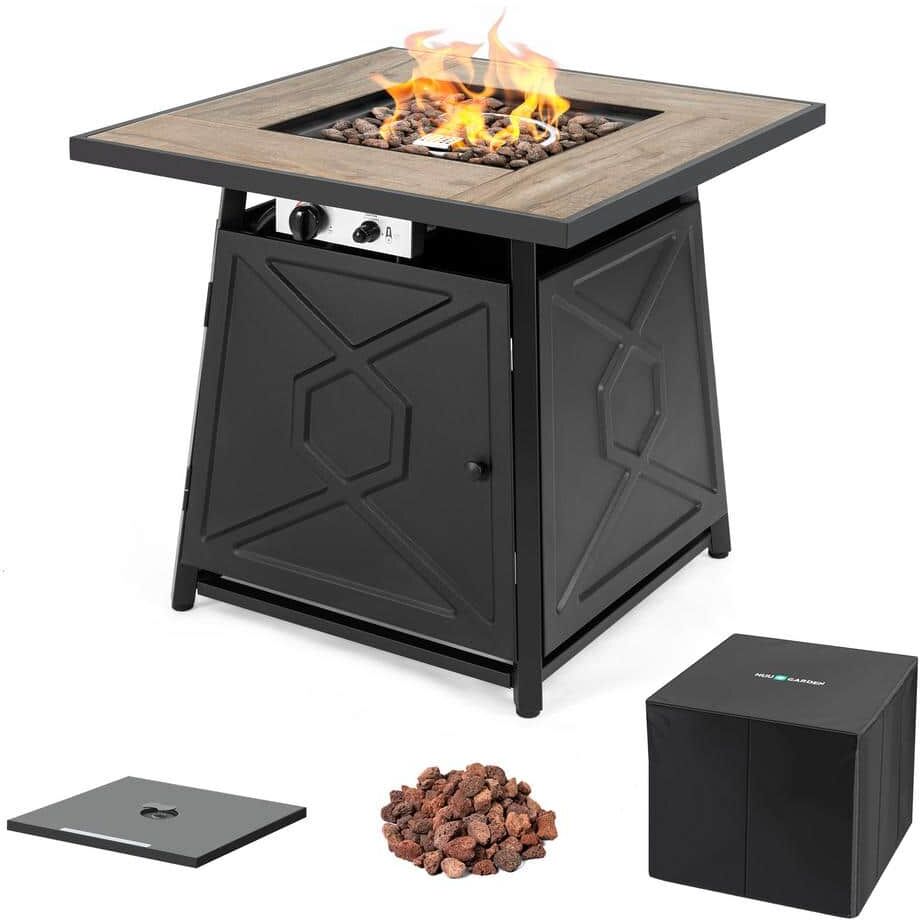 Nuu Garden 28 in. Outdoor Metal Propane Gas Fire Pit Table with PVC Waterproof Cover, 50,000 BTU, Black