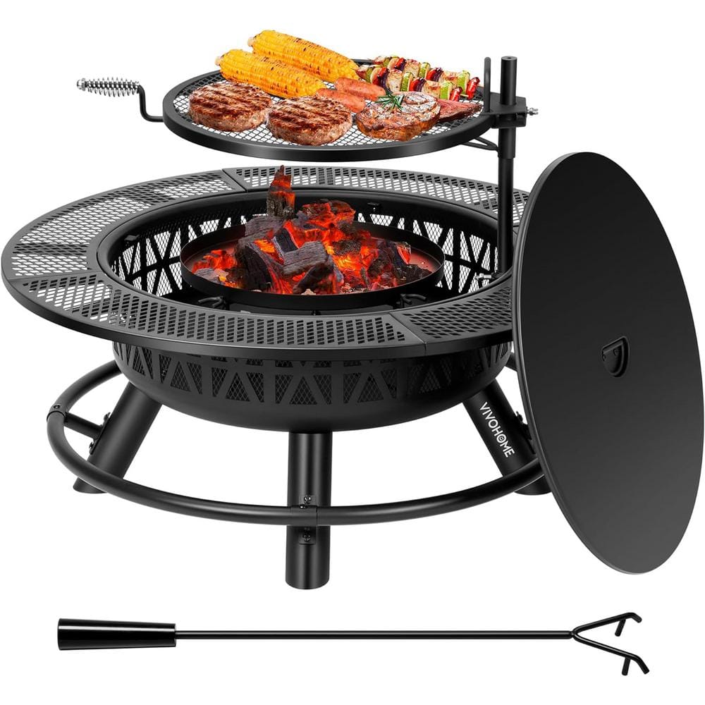VIVOHOME 35 in. Metal Wood Burning Fire Pit with Cooking Grill Grate, Charcoal Pan and Cover Lid