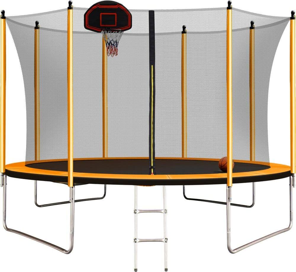 Tatayosi 10 ft. Outdoor Orange Trampoline with Basketball Hoop Inflator and Ladder