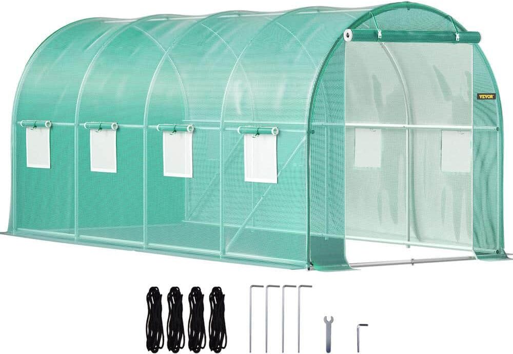 VEVOR Walk-in Tunnel Greenhouse 15 ft. D x 7 ft. W x 7 ft. H Portable Plant Greenhouse with Door & 8 Roll-up Windows, Green