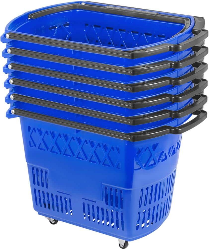 VEVOR Shopping Carts Shopping Baskets with Handles and Wheels Portable Shopping Basket Set for Retail Store, Blue (6-Pieces)