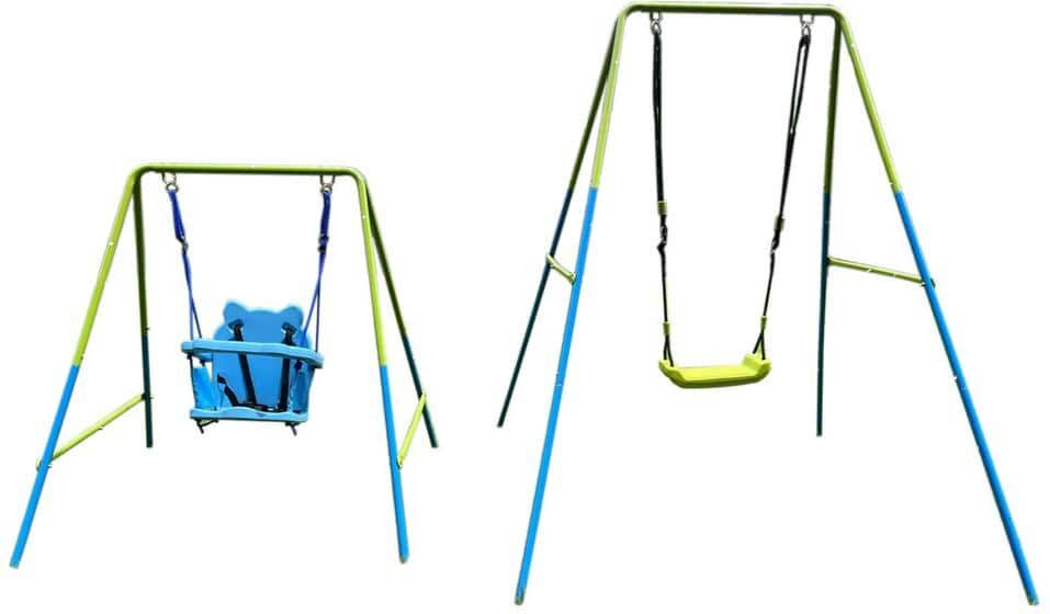 GOGEXX 67 in.L x 61 in.W x 68 in.H Green&Blue Interesting 2 in 1 Baby Swing Mental Safe Swing Set Outdoor Playground For Age 3+