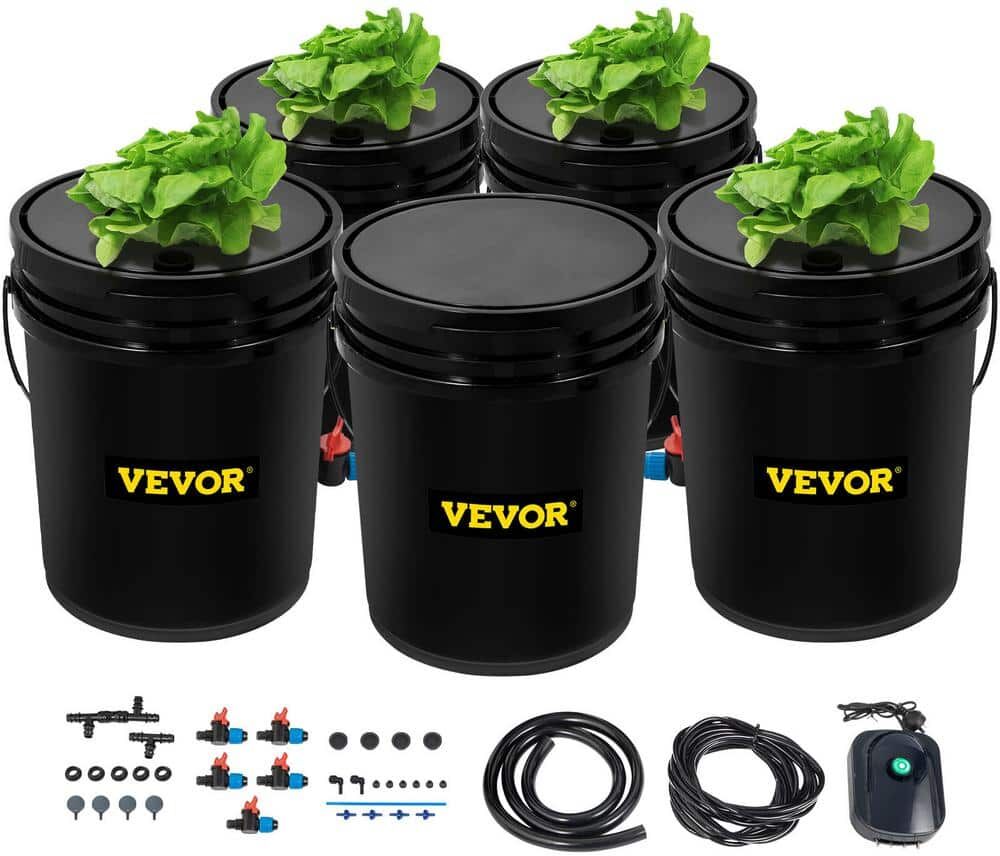 VEVOR DWC Hydroponic System 5 Gal. 5 Buckets Deep Culture Growing Kit with Pump for Outdoor Leafy Vegetables in Black