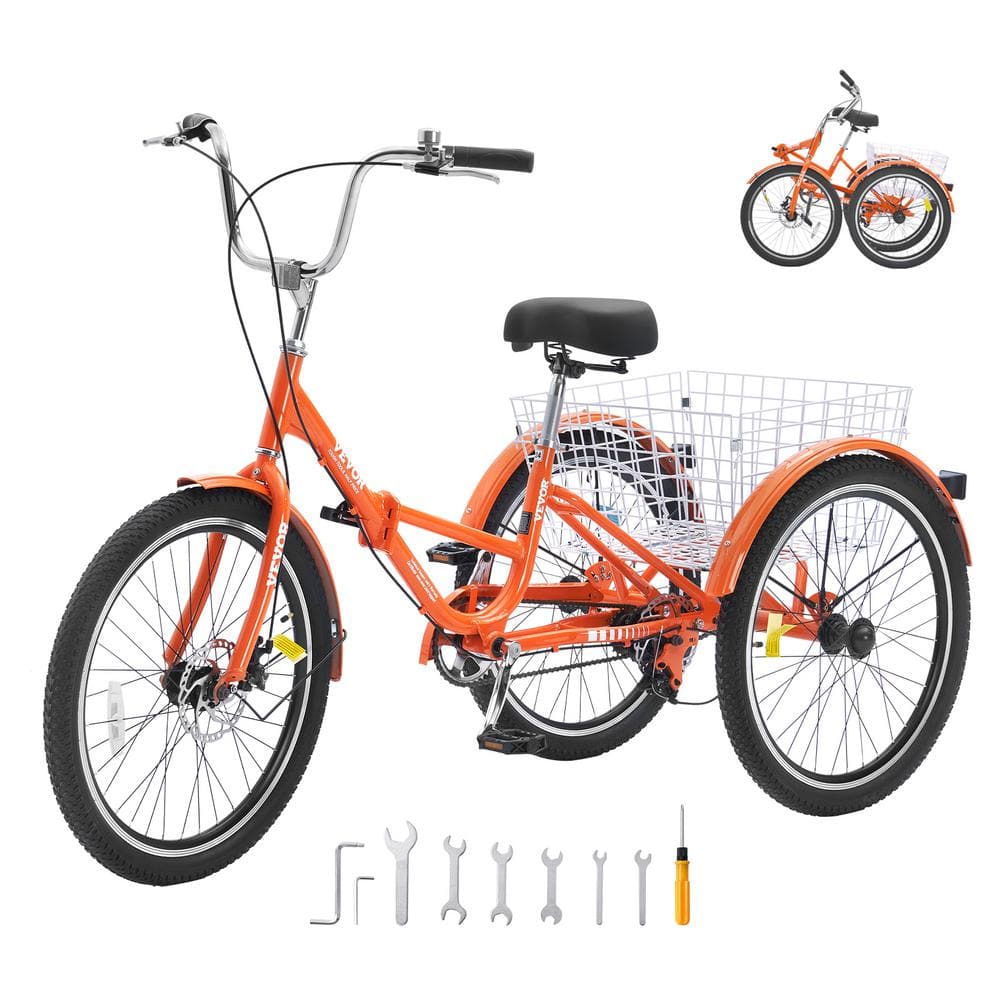 VEVOR Folding Adult Tricycle 24 in. Adult Folding Trikes Light-weight Aluminum Alloy 3 Wheel Cruiser Bike