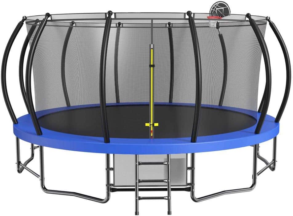 Tenleaf 16 ft. Outdoor Round Blue Trampoline with Ladder, Shoe Bag, Galvanized Anti-Rust Coating, Basketball Hoop