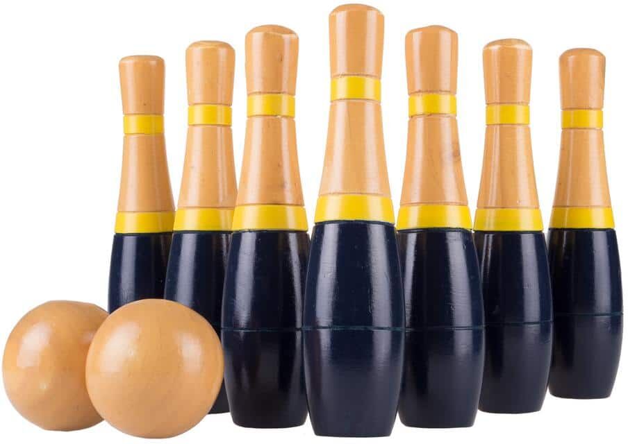 Hey! Play! 8 in. Wooden Navy and Yellow Bowling Lawn Game