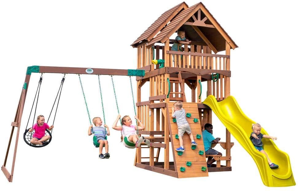 Backyard Discovery Highlander All Cedar Wooden Swing Set Playset with Yellow Wave Slide