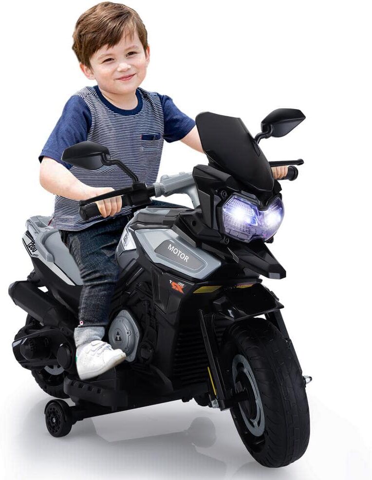 TOBBI 12-Volt Ride On Motorcycle Electric Dirt Bike for Kids with Training Wheels/Music Player/Headlights Silver