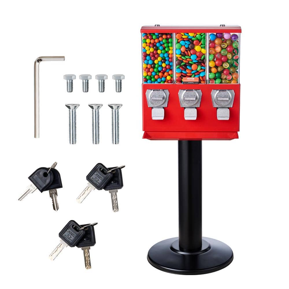 VEVOR Commercial Vending Machine Triple Compartment Candy Dispenser with Iron Stand Gumball and Candy Machine, Red
