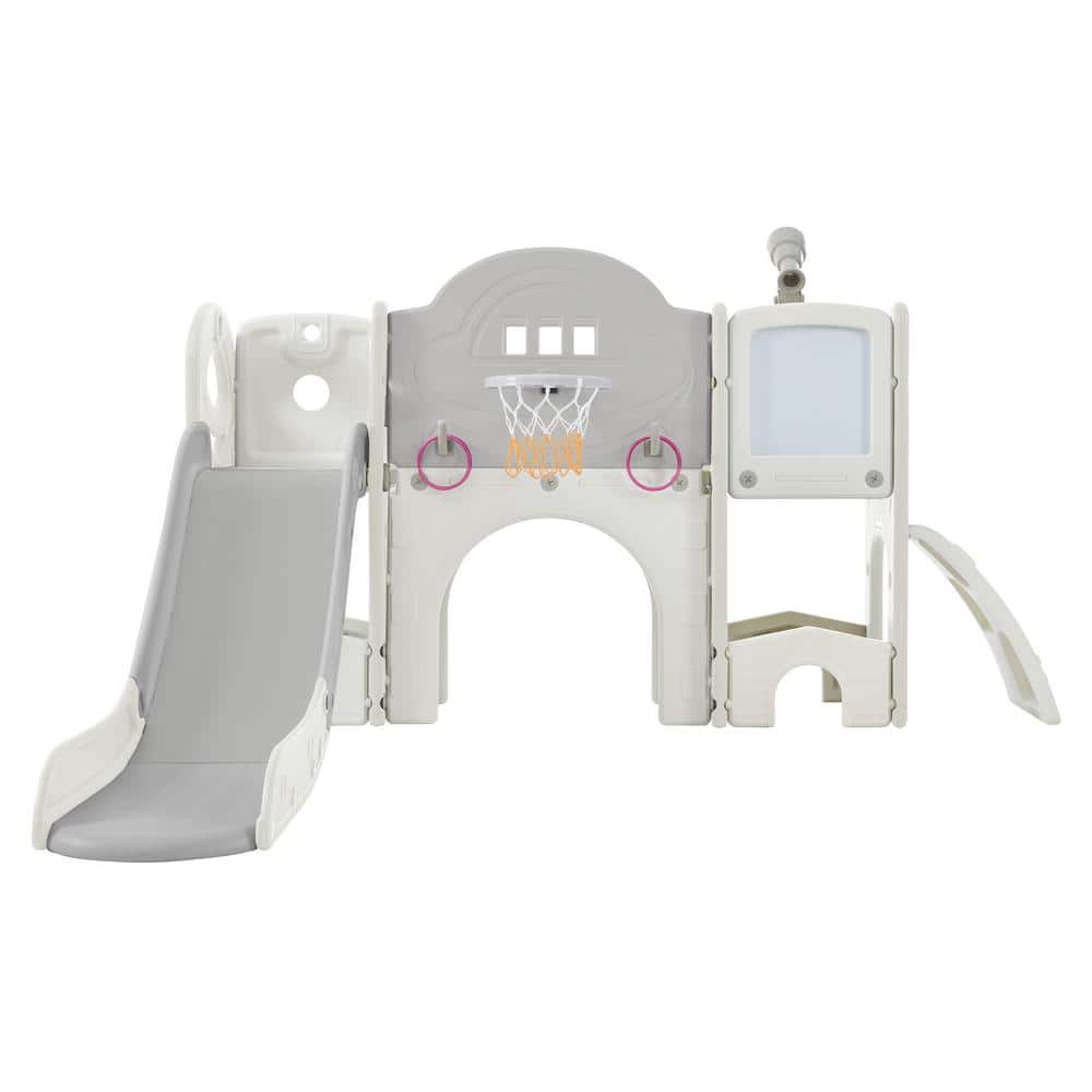 9 in 1 Gray Kids Slide Playset with Slide, Arch Tunnel, Ring Toss, Drawing Whiteboardl and Basketball Hoop