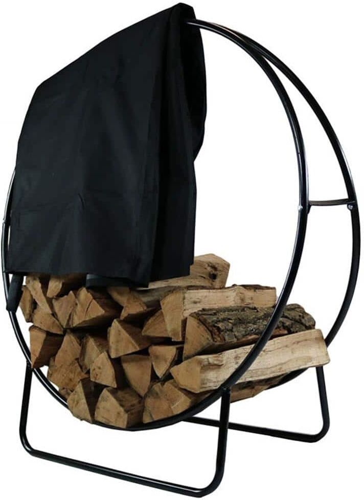 Sunnydaze Decor 24 in. Black Steel Firewood Log Hoop Rack with Black Cover