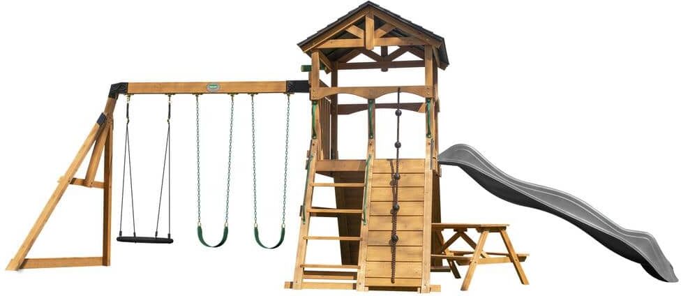 Backyard Discovery Endeavor II All Cedar Wooden Swing Set Playset with Gray Wave Slide