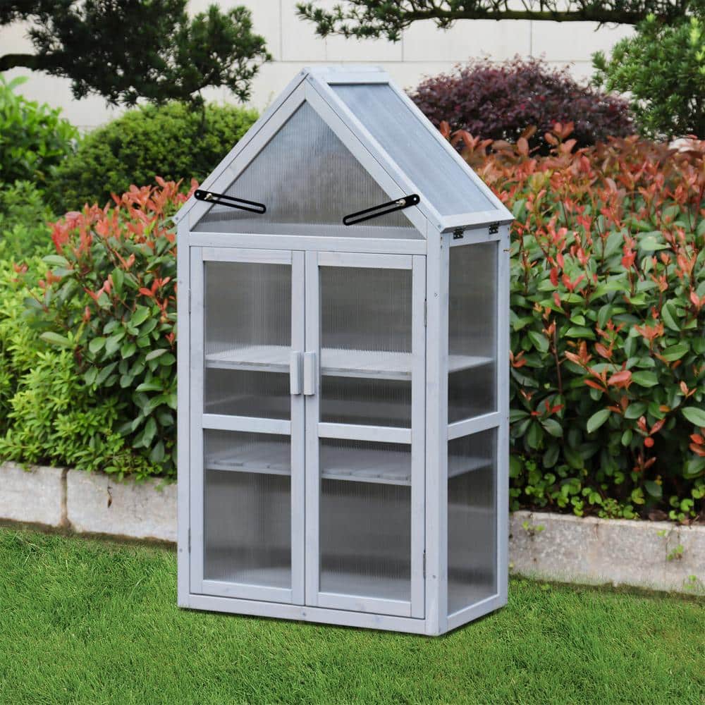 GOGEXX 28 in. L x 16 in. W x 52 in. H Tiered Plant Stand Gray Mini Greenhouse Kit Plant Cabinet Outdoor Balcony Garden Backyard