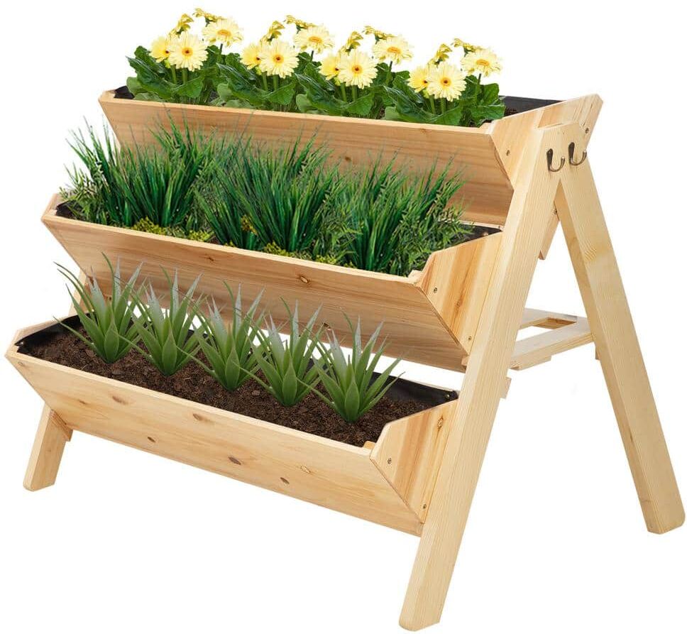 Outsunny 47 in. Natural Wooden 3-Tiers Raised Garden Bed with Side Hooks, Storage Clapboard