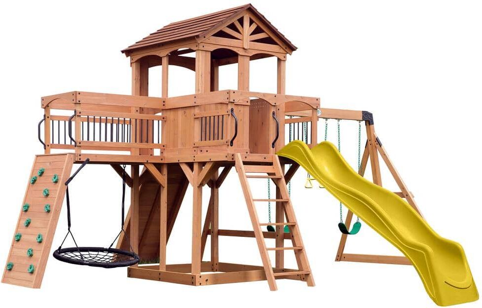 Backyard Discovery Sterling Point All Cedar Wooden Swing Set Playset with Yellow Wave Slide