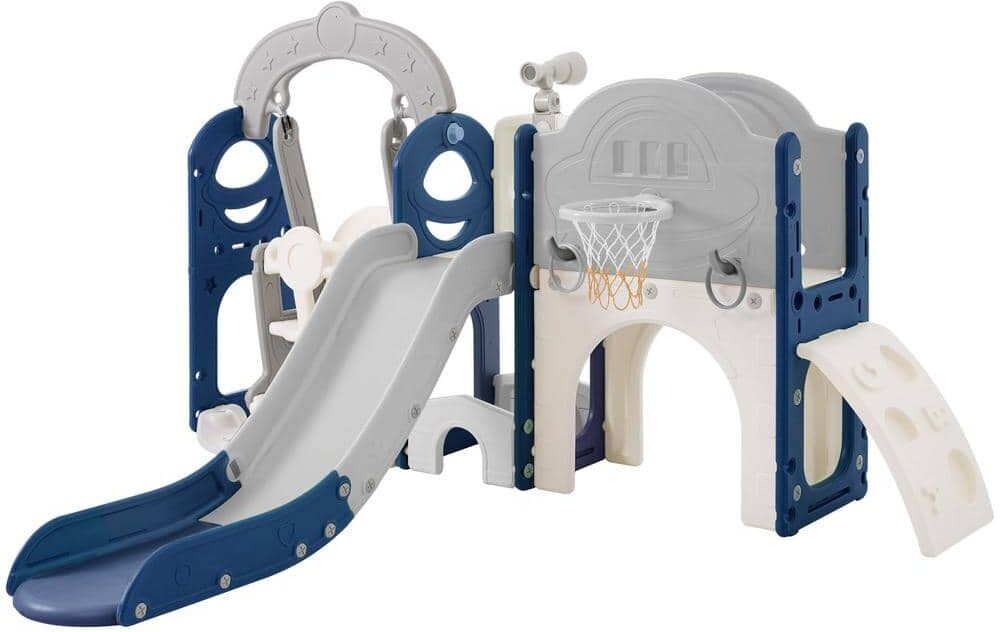 Blue 8 in 1 Toddler Freestanding Slide Set with Basketball Hoops for Babies Indoor and Outdoor