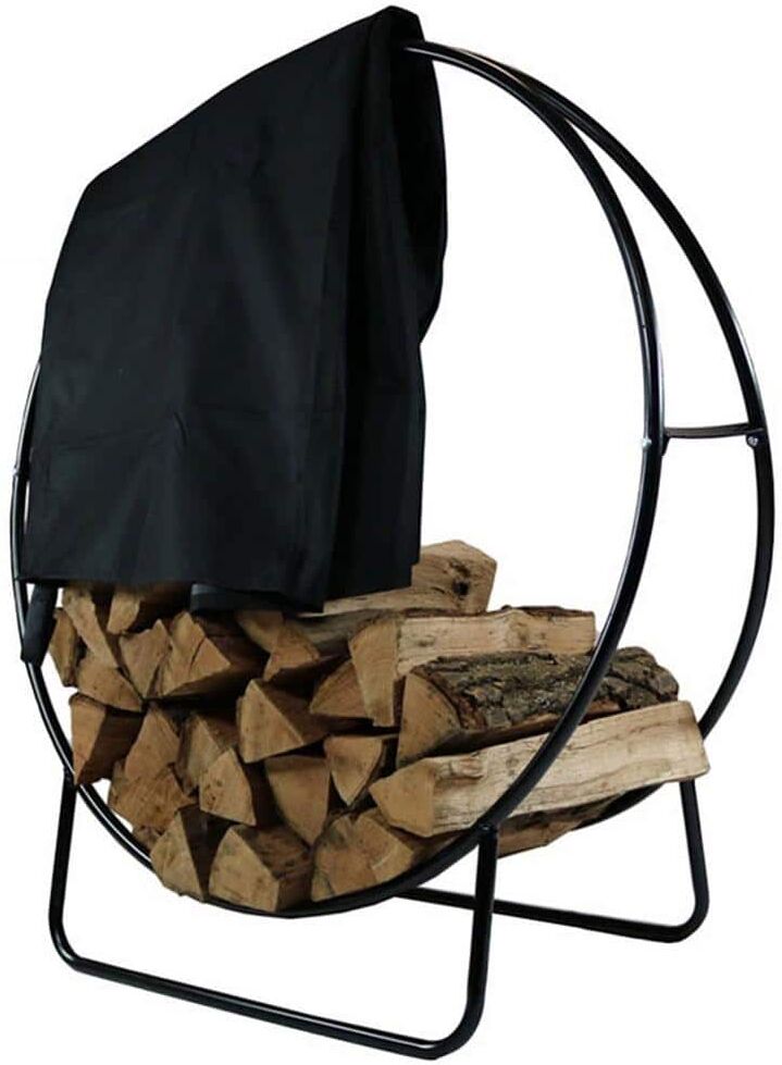 Sunnydaze Decor 40 in. Black Steel Firewood Log Hoop Rack with Black Cover