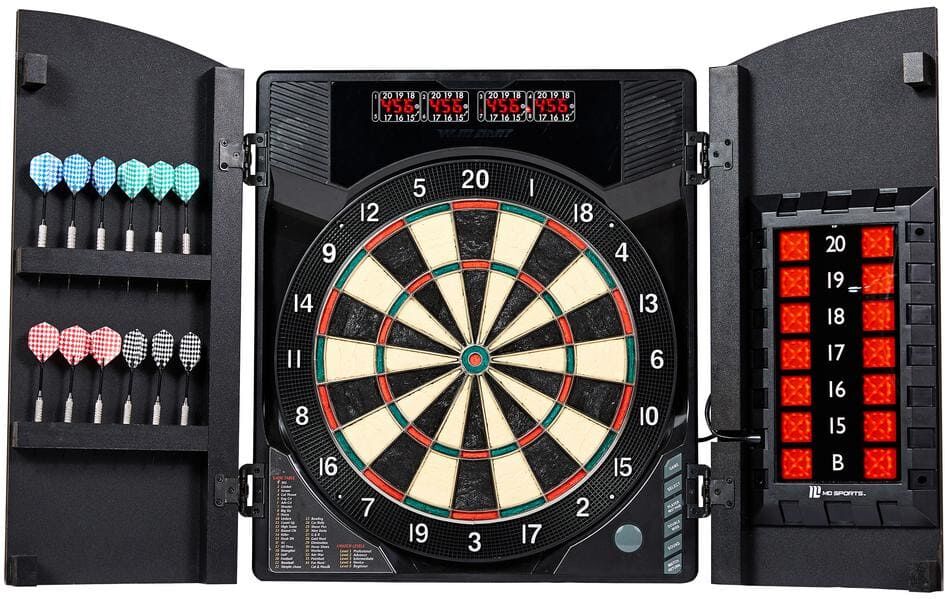 MD Sports BristleSmart Dartboard with Cabinet - Accepts steel tip darts with electronic scoring and 294 games