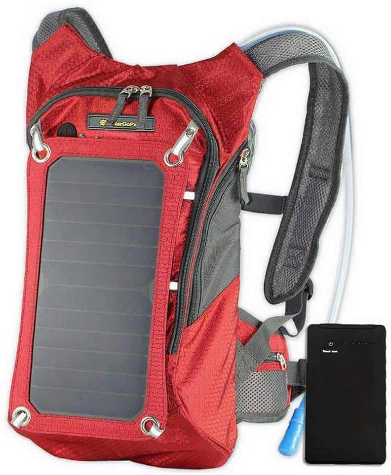 SolarGoPack Solar Hydration Backpack, 10k mAh battery, 7-Watt Solar Panel in Red